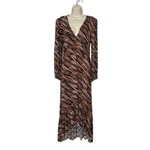 Leith Button-Front Tiger Print Long Sleeve Maxi Dress Size S